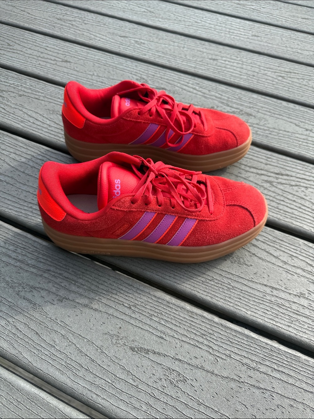adidas womens Red Suede Sneakers with Purple Stripes size 9.5